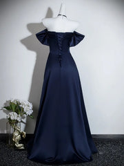 A-line Navy Blue Satin Off Shoulder Long Party Dress, Navy Blue Long Prom Dress