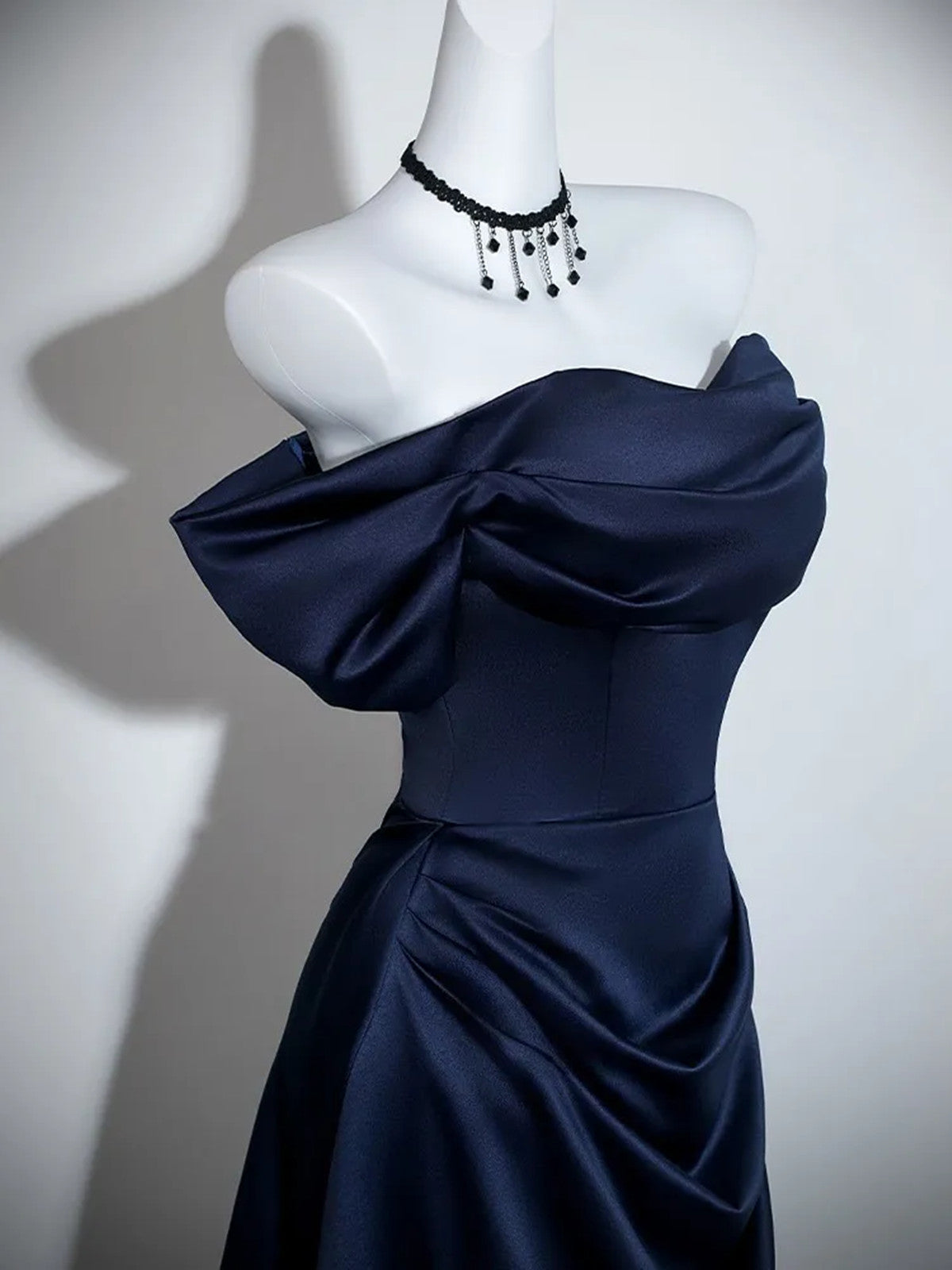 A-line Navy Blue Satin Off Shoulder Long Party Dress, Navy Blue Long Prom Dress