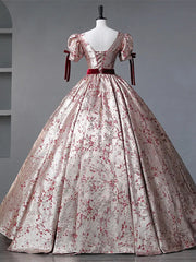Floral Princess Gown with Burgundy Bows and Puff Sleeves, Long Prom Dress Party Dress