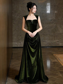 Green Velvet Sweetheart Long Prom Dress, Green Velvet Wedding Party Dress Formal Dress