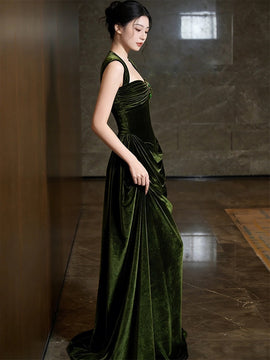 Green Velvet Sweetheart Long Prom Dress, Green Velvet Wedding Party Dress Formal Dress