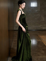 Green Velvet Sweetheart Long Prom Dress, Green Velvet Wedding Party Dress Formal Dress