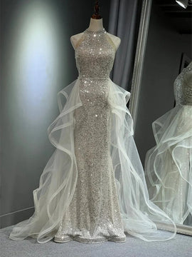 Chic White Tulle and Sequins Long Prom Dress, Halter A-line Party Dress Evening Dress