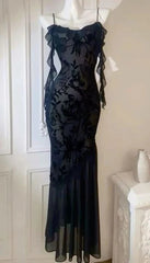Black Lace Mermaid Maxi Dress Prom Dress, Gothic Lace Black Evening Dress