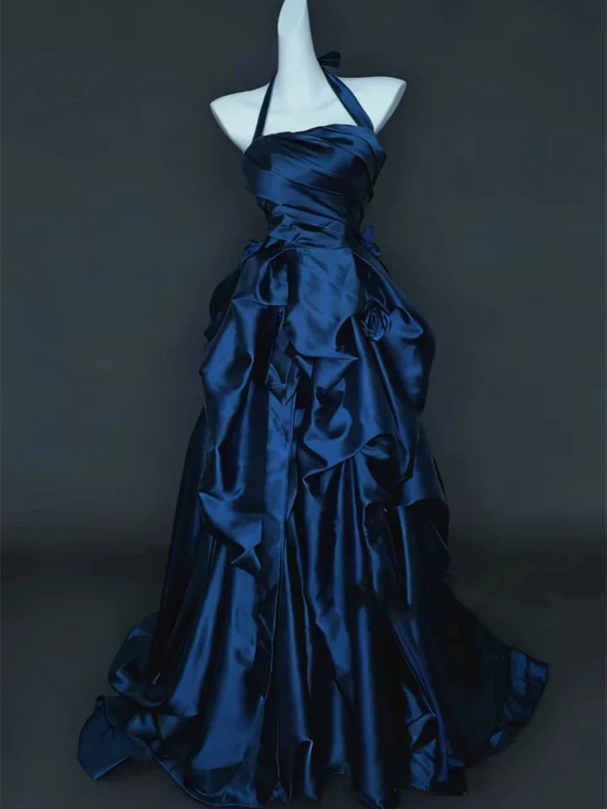 Navy Blue Taffeta Halter Ruffled Prom Dress, Navy Blue A-line Party Dress Evening Dress