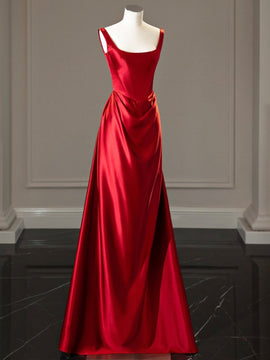 Red Satin Square Neck Backless Formal Dress Prom Dress, Red Floor-Length Evening Dress