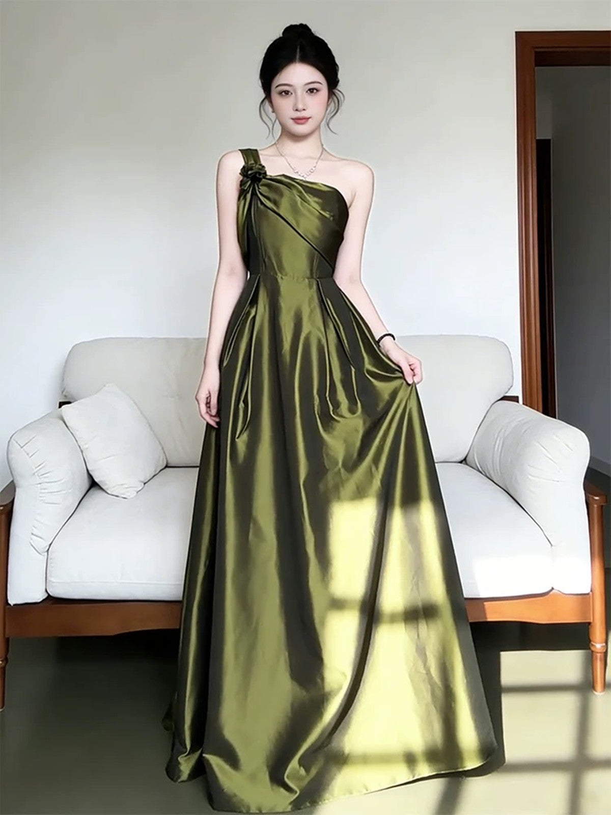 Elegant Olive Green One Shoulder Satin Prom Dress, Vintage-Inspired A-Line Formal Dress