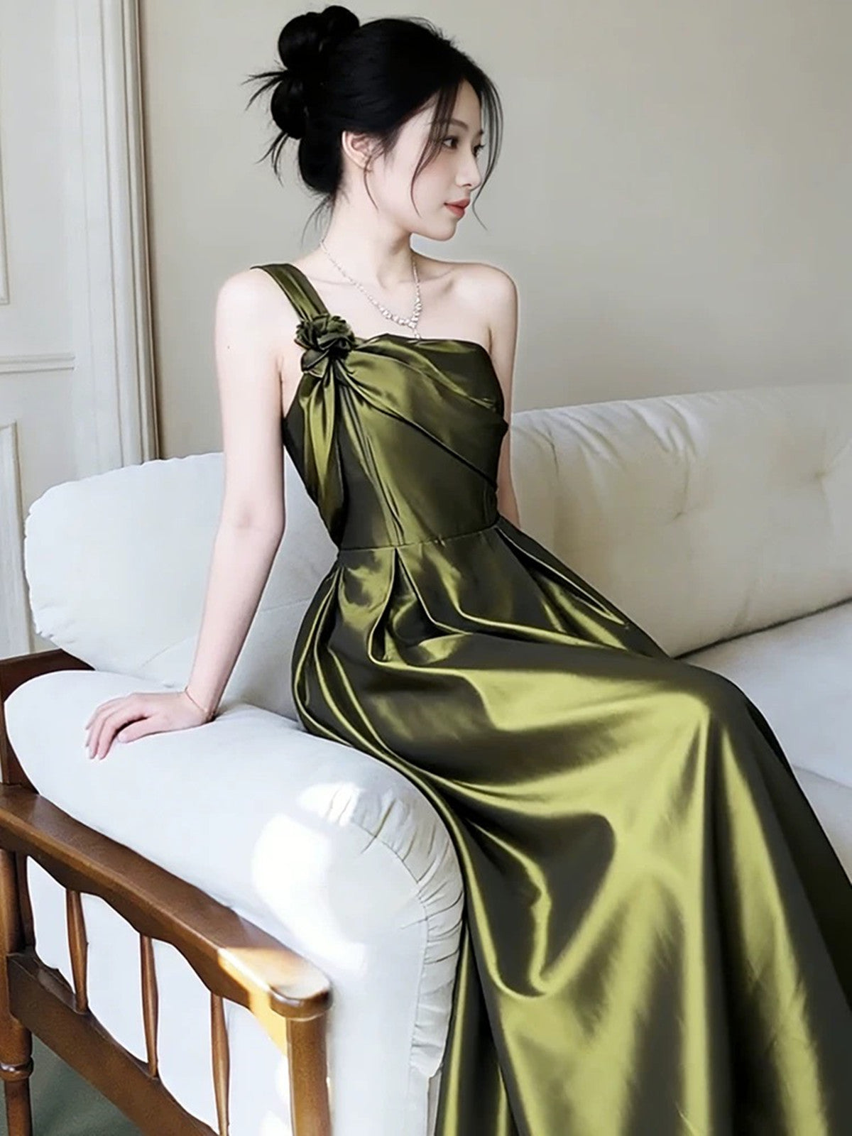 Elegant Olive Green One Shoulder Satin Prom Dress, Vintage-Inspired A-Line Formal Dress