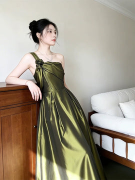 Elegant Olive Green One Shoulder Satin Prom Dress, Vintage-Inspired A-Line Formal Dress