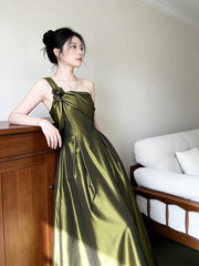 Elegant Olive Green One Shoulder Satin Prom Dress, Vintage-Inspired A-Line Formal Dress