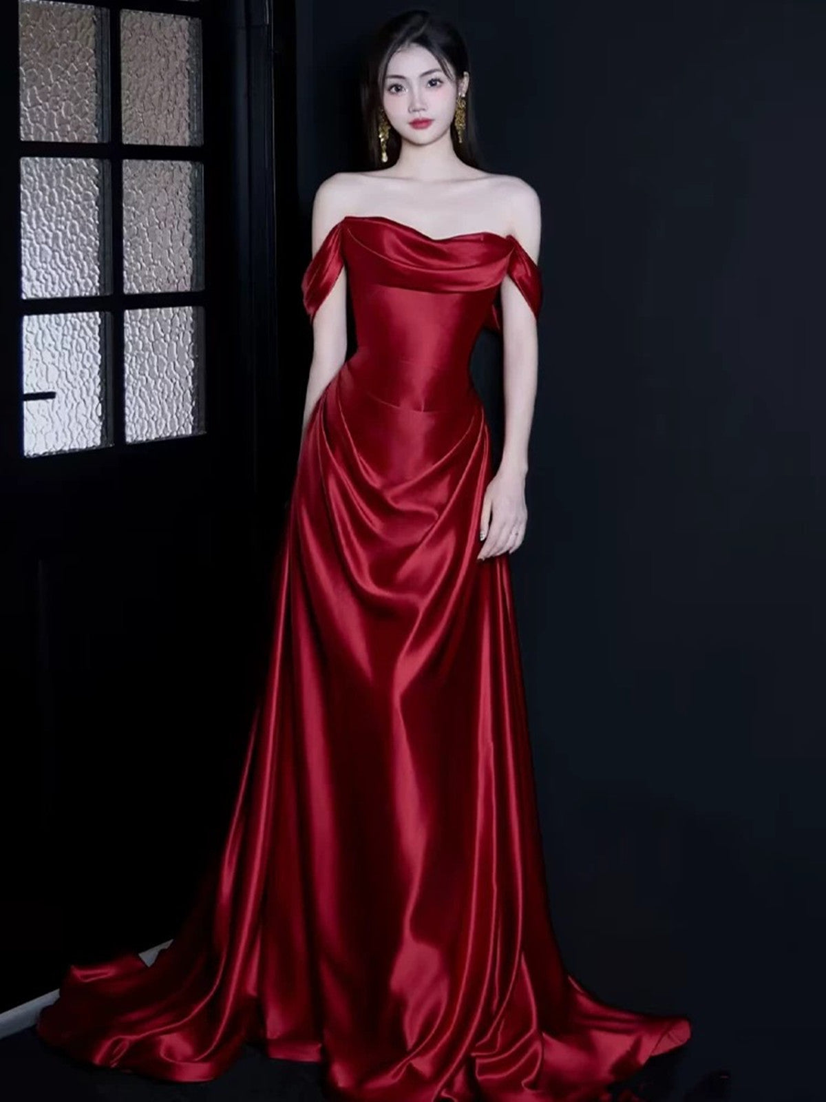Elegant Off-Shoulder Wine Red Satin Prom Gown, Wine Red A-Line Formal Party Dress