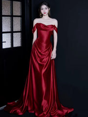 Elegant Off-Shoulder Wine Red Satin Prom Gown, Wine Red A-Line Formal Party Dress