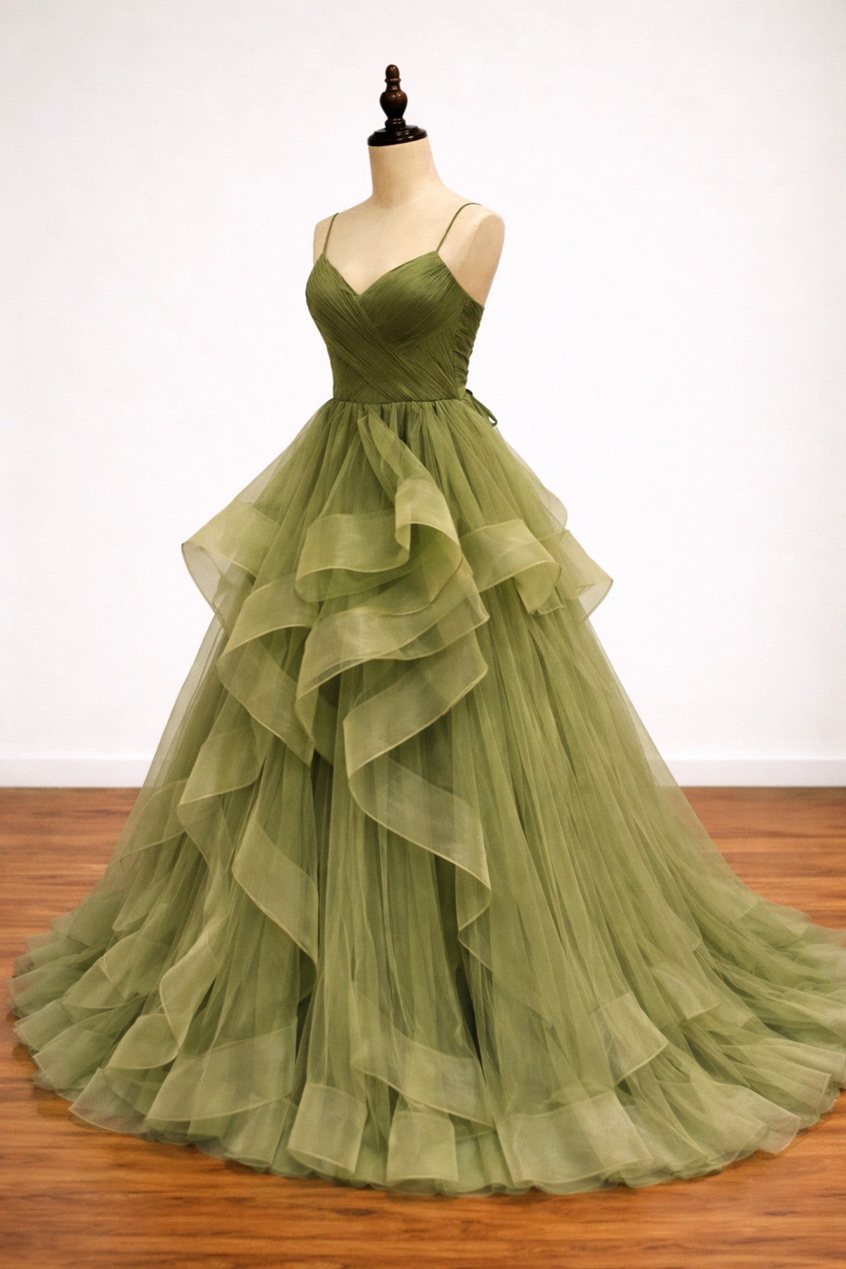 Olive Green Tulle Ball Gown Tiered Ruffle Prom Dress, Olive Green Party Dress Formal Dress
