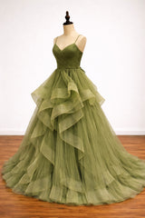 Olive Green Tulle Ball Gown Tiered Ruffle Prom Dress, Olive Green Party Dress Formal Dress