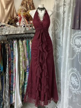 Wine Red Lace Halter A-line Long Prom Dress, Wine Red Lace V-neckline Formal Dress