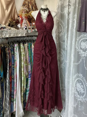 Wine Red Lace Halter A-line Long Prom Dress, Wine Red Lace V-neckline Formal Dress