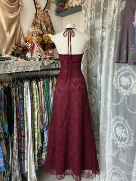 Wine Red Lace Halter A-line Long Prom Dress, Wine Red Lace V-neckline Formal Dress