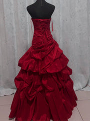 Chic Wine Red Strapless Taffeta Long Prom Gowns, Wine Red Ruffled Evening Dress