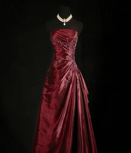 Wine Red Strapless Beaded A-line Long Party Dress, Wine Red Prom Dress