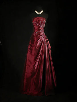 Wine Red Strapless Beaded A-line Long Party Dress, Wine Red Prom Dress