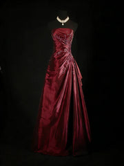 Wine Red Strapless Beaded A-line Long Party Dress, Wine Red Prom Dress