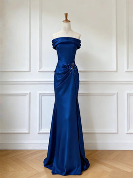 Blue Satin Mermaid Scoop Long Formal Dress, Blue Beaded Evening Dress Prom Dress