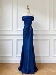 Blue Satin Mermaid Scoop Long Formal Dress, Blue Beaded Evening Dress Prom Dress