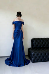 Blue Satin Mermaid Scoop Long Formal Dress, Blue Beaded Evening Dress Prom Dress
