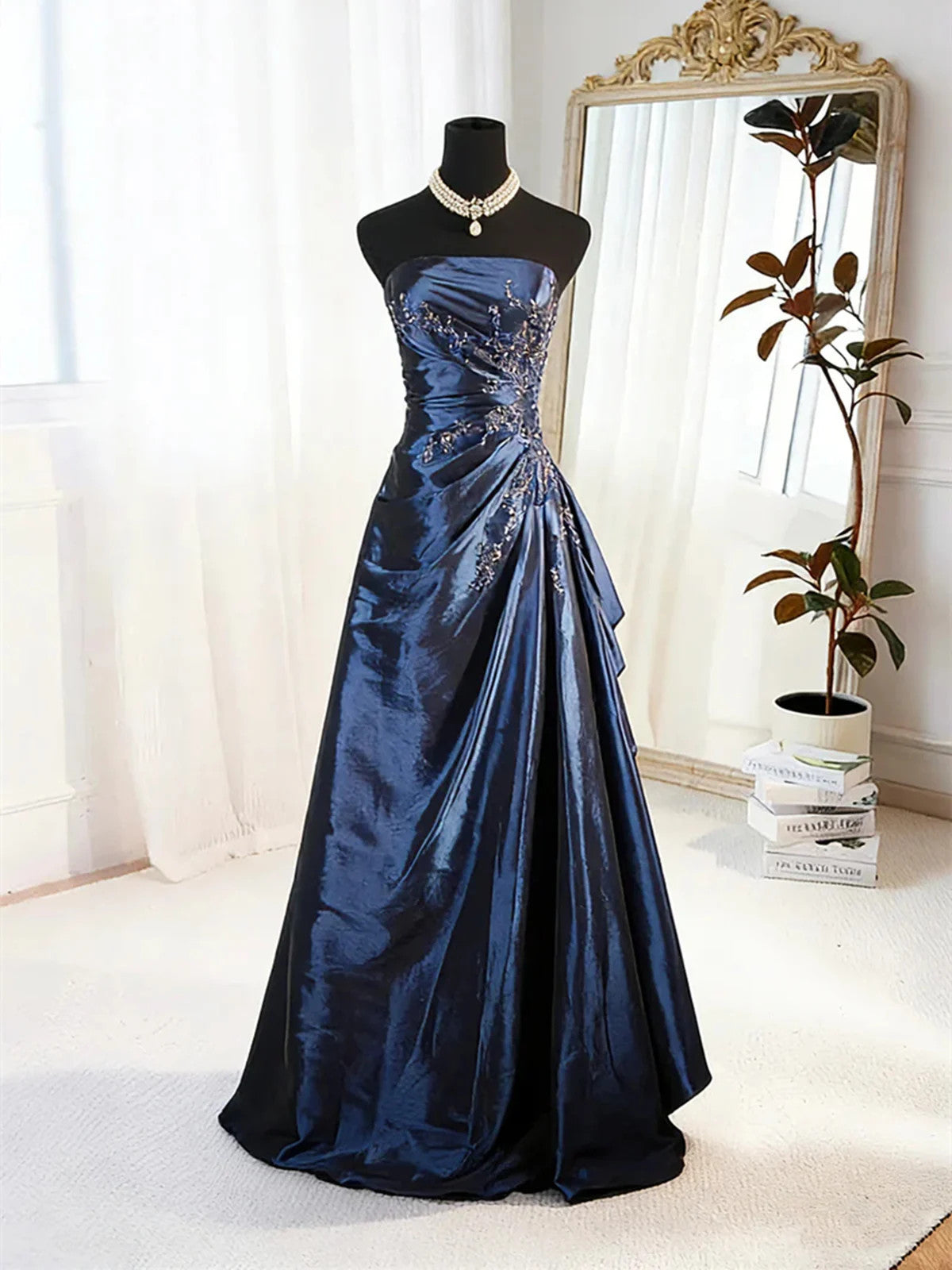 Navy Blue Strapless Taffeta  Ruched Prom Dress, Navy Blue Beaded Long Formal Dress Evening Dress