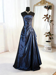 Navy Blue Strapless Taffeta  Ruched Prom Dress, Navy Blue Beaded Long Formal Dress Evening Dress