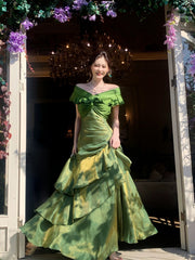 Green Mermaid Off Shoulder Layers Prom Dress, Green Satin Evening Dress Formal Dress