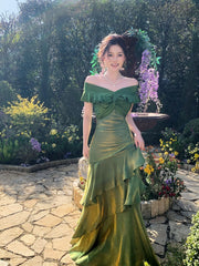 Green Mermaid Off Shoulder Layers Prom Dress, Green Satin Evening Dress Formal Dress