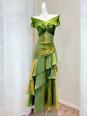 Green Mermaid Off Shoulder Layers Prom Dress, Green Satin Evening Dress Formal Dress