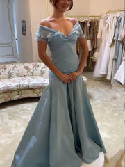 Blue Satin Off Shoulder Long Formal Dress, Sweetheart Blue Wedding Party Dress