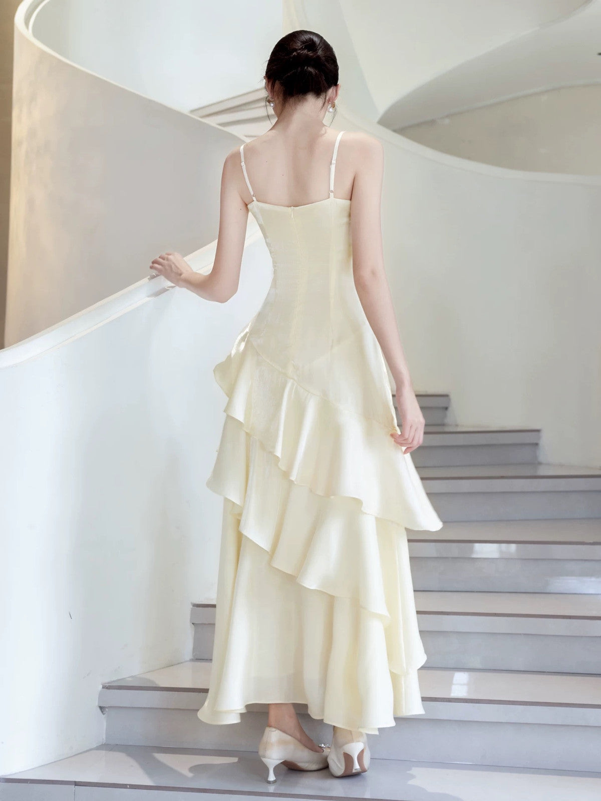 Lovely Light Champagne Satin Straps Prom Dress, A-line Scoop Layers Party Dress