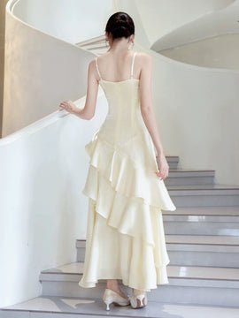 Lovely Light Champagne Satin Straps Prom Dress, A-line Scoop Layers Party Dress