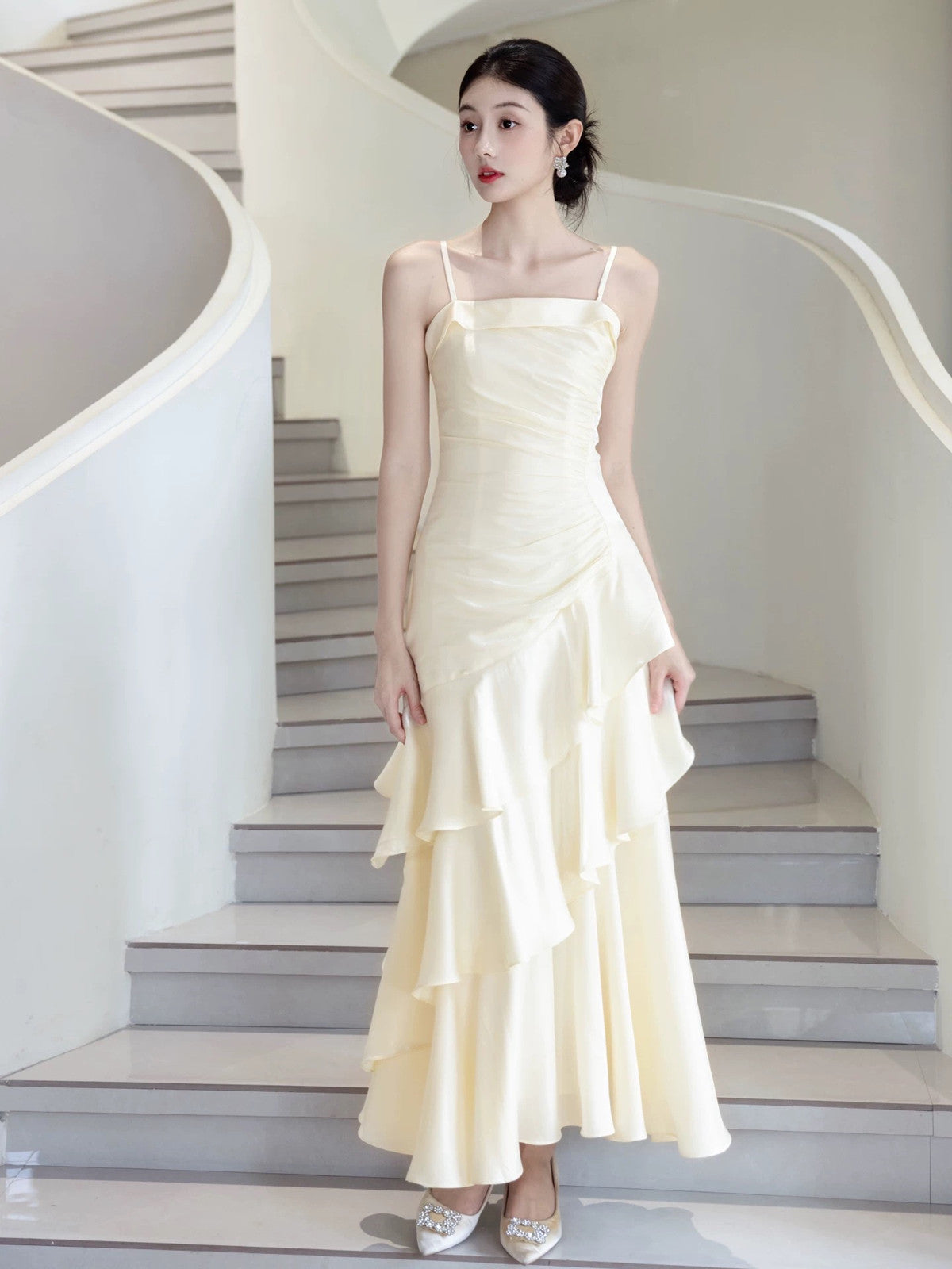 Lovely Light Champagne Satin Straps Prom Dress, A-line Scoop Layers Party Dress