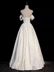 Light Champagne Off Shoulder Sweetheart Prom Dress, Floral A-line Long Evening Dress
