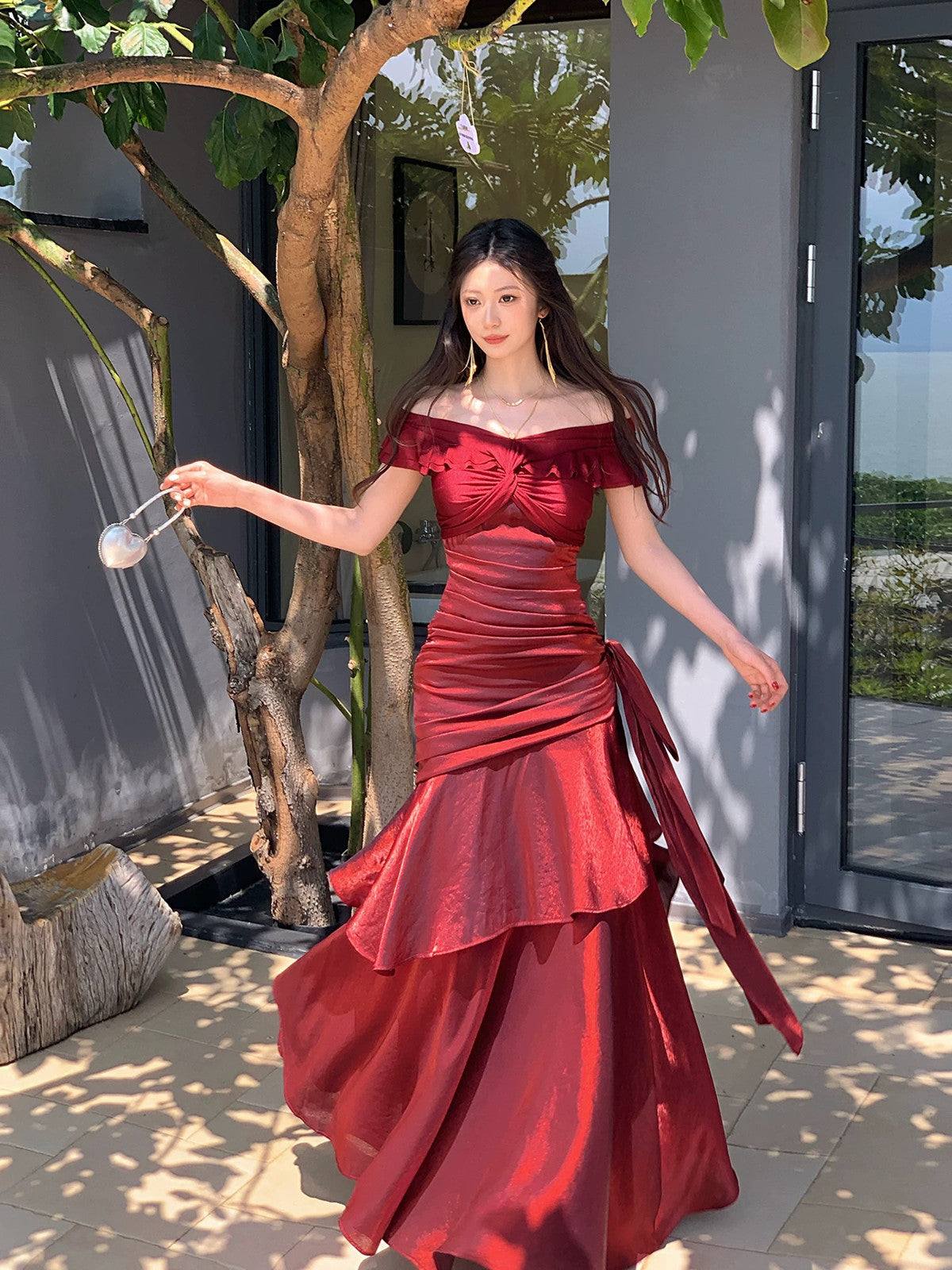 Vintage Off Shoulder Wine Red Prom Dress, Satin Ruched Mermaid Gown with Ruffle Layers
