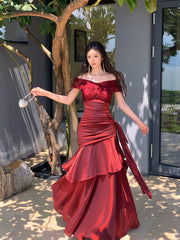 Vintage Off Shoulder Wine Red Prom Dress, Satin Ruched Mermaid Gown with Ruffle Layers