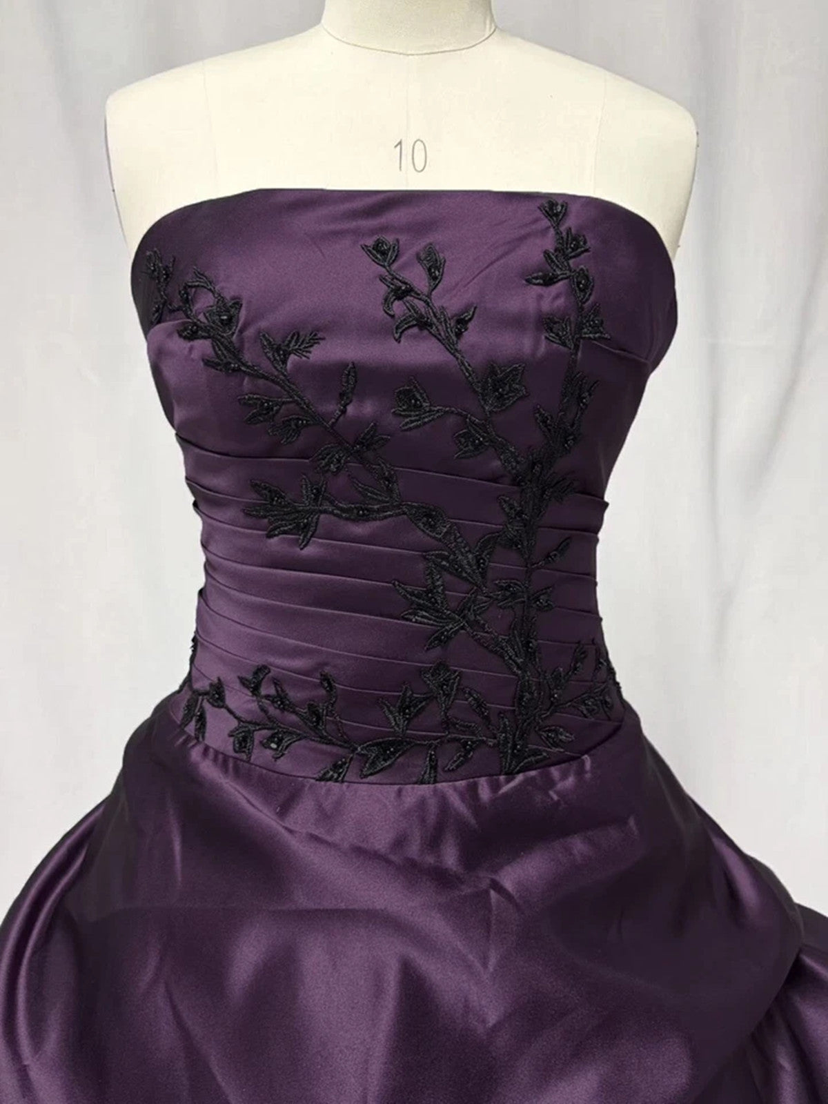 Dark Purple Strapless Embroidery Ball Gown Prom Dress, Ruched Gothic Formal Evening Dress