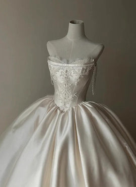 Ivory Satin with Lace Applique Strapless Weeeing Party Dress, Ivory Long Wedding Dress