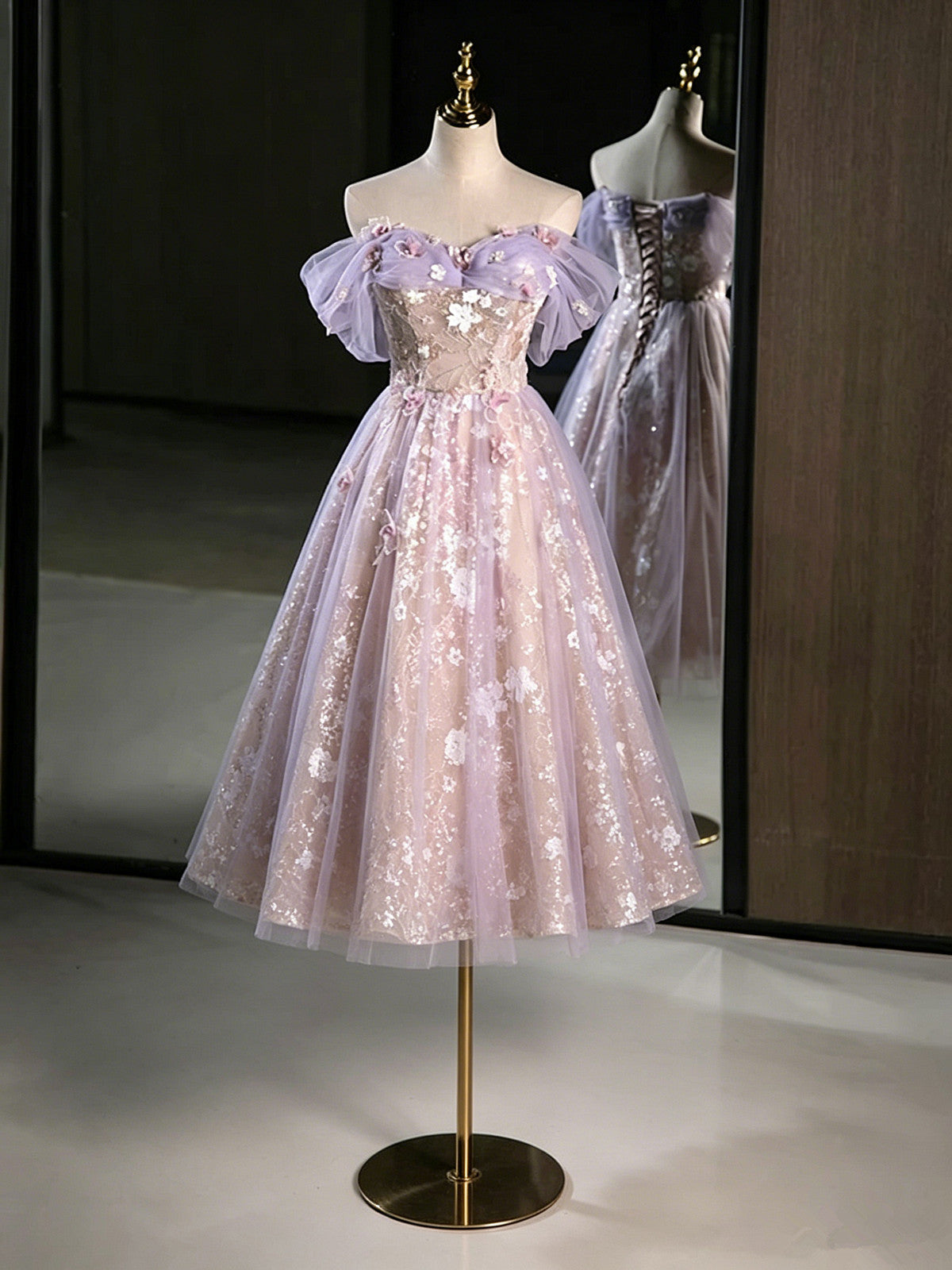Light Purple Tulle with Lace Applique Short Party Dress, Cute Short Homecoming Dress
