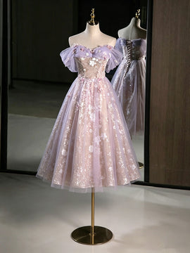 Light Purple Tulle with Lace Applique Short Party Dress, Cute Short Homecoming Dress