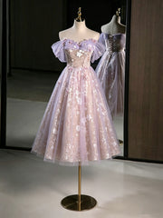 Light Purple Tulle with Lace Applique Short Party Dress, Cute Short Homecoming Dress