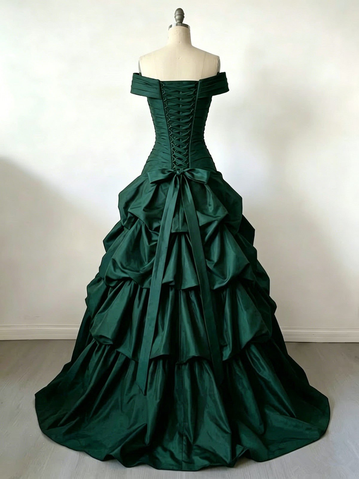 Green Satin Off Shoulder Layers Sweetheart Party Dress, Green Long Evening Dress Formal Dress