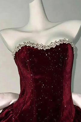 Wine Red Velvet Beaded Short Party Dress, Wine Red Formal Dress Homecoming Dress with Bow