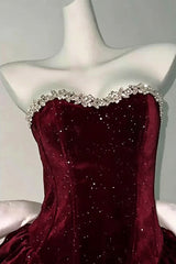 Wine Red Velvet Beaded Short Party Dress, Wine Red Formal Dress Homecoming Dress with Bow