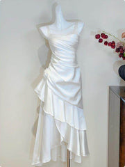 Elegant White Satin High Low Party Dress with Ruching and Tiered Ruffle, White Formal Dresses