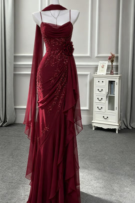 Wine Red Chiffon Spaghetti Straps Mermaid Party Dress,Wine Red Ruffled Chiffon Party Prom Dress with Scarf